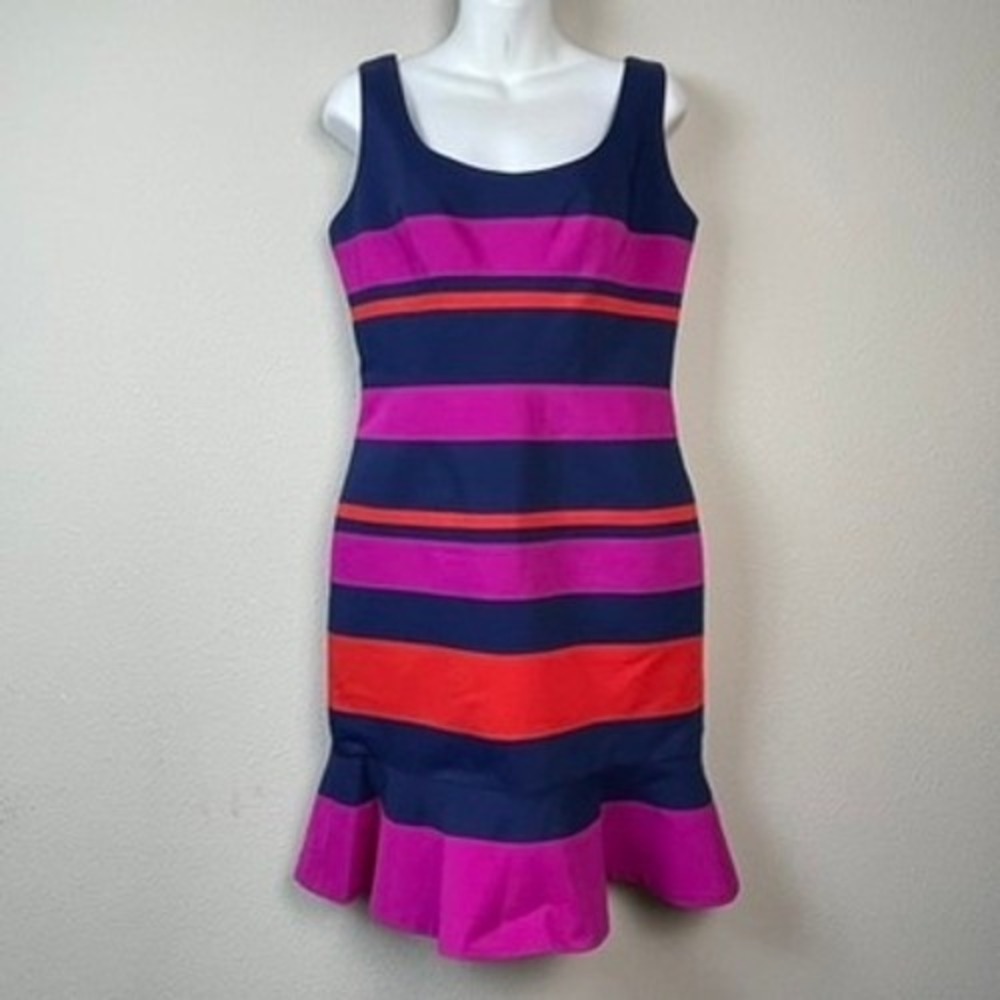 Belle Badgley Mischka Striped Flounce Hem Dress Womens 10 Workcore Sheath Mod